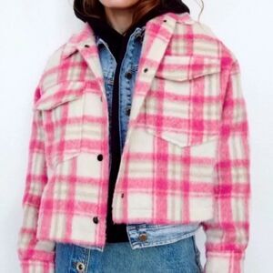 ZARA FLANNEL, Cropped, Pink/White, XS
